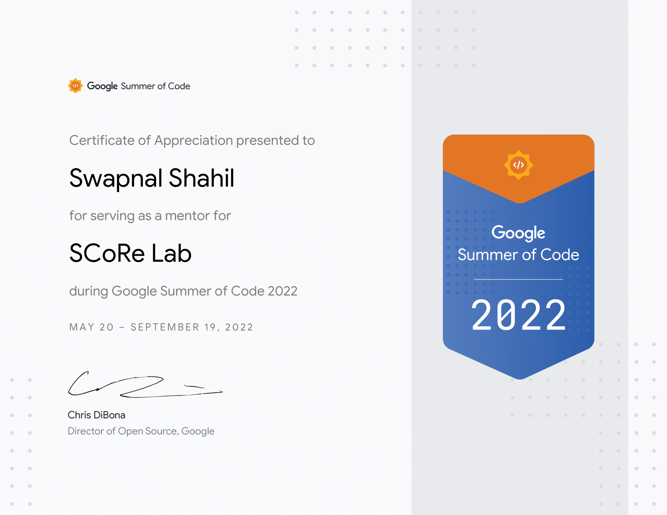 GSoC Mentor Certificate